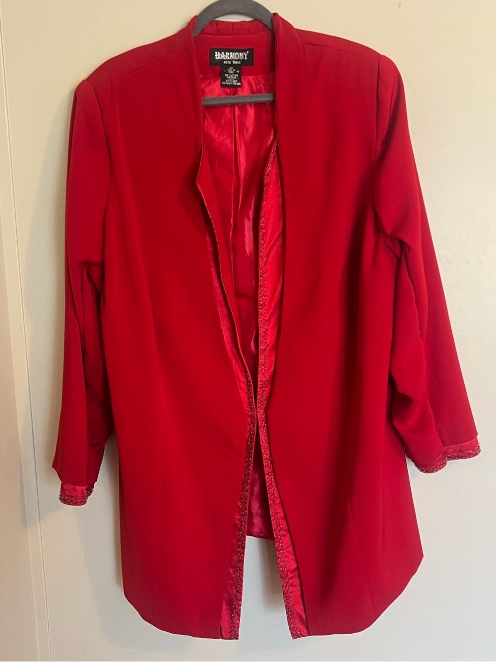 Red Vintage Open-Front Women's Blazer with Satin Beaded Trim